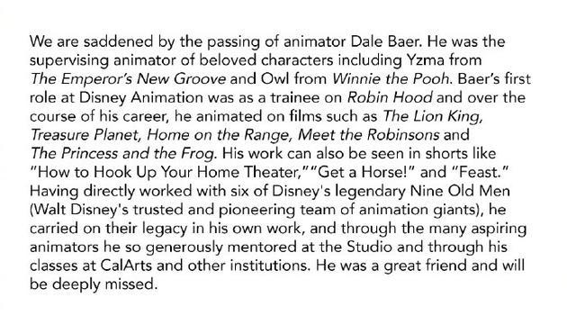 迪士尼资深动画师戴尔·拜尔去世 享年70岁第1张图片