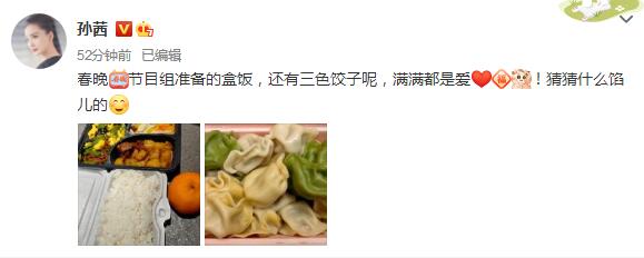孙茜晒春晚节目组盒饭：还有三色饺子，满满都是爱第1张图片
